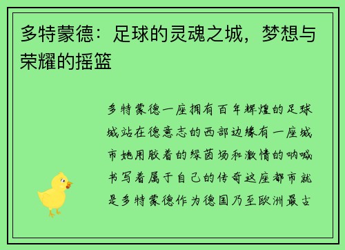 多特蒙德：足球的灵魂之城，梦想与荣耀的摇篮
