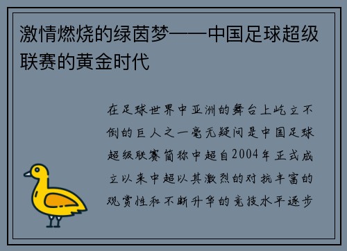 激情燃烧的绿茵梦——中国足球超级联赛的黄金时代