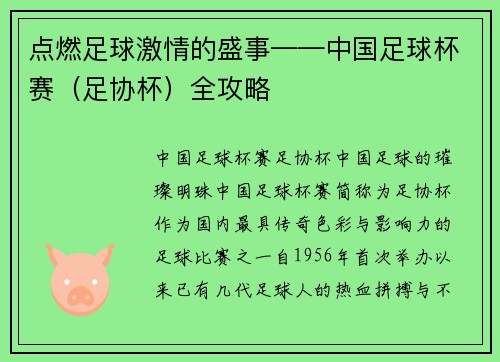 点燃足球激情的盛事——中国足球杯赛(足协杯)全攻略