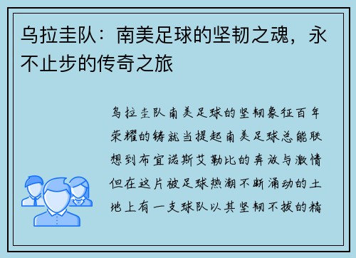 乌拉圭队：南美足球的坚韧之魂，永不止步的传奇之旅